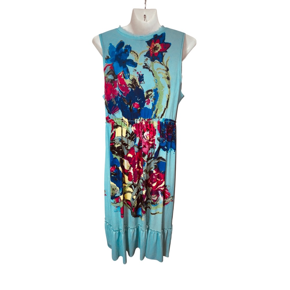 Vintage Y2K Rose Blue Floral V-Neck Midi Dress Medium Boho Beach Church Party - Picture 2 of 6